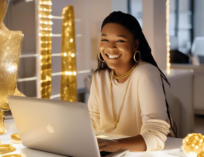 A woman surrounded by a dazzling gold collection, sits at a desk, smiling at her laptop screen, illuminated by the screen's soft glow.