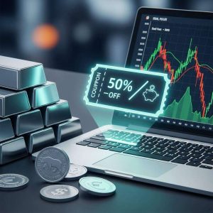 A financial-themed illustration showing silver bars and coins beside a trading laptop displaying market charts, with a glowing digital coupon icon representing discounted access to trading evaluations and smart financial savings.