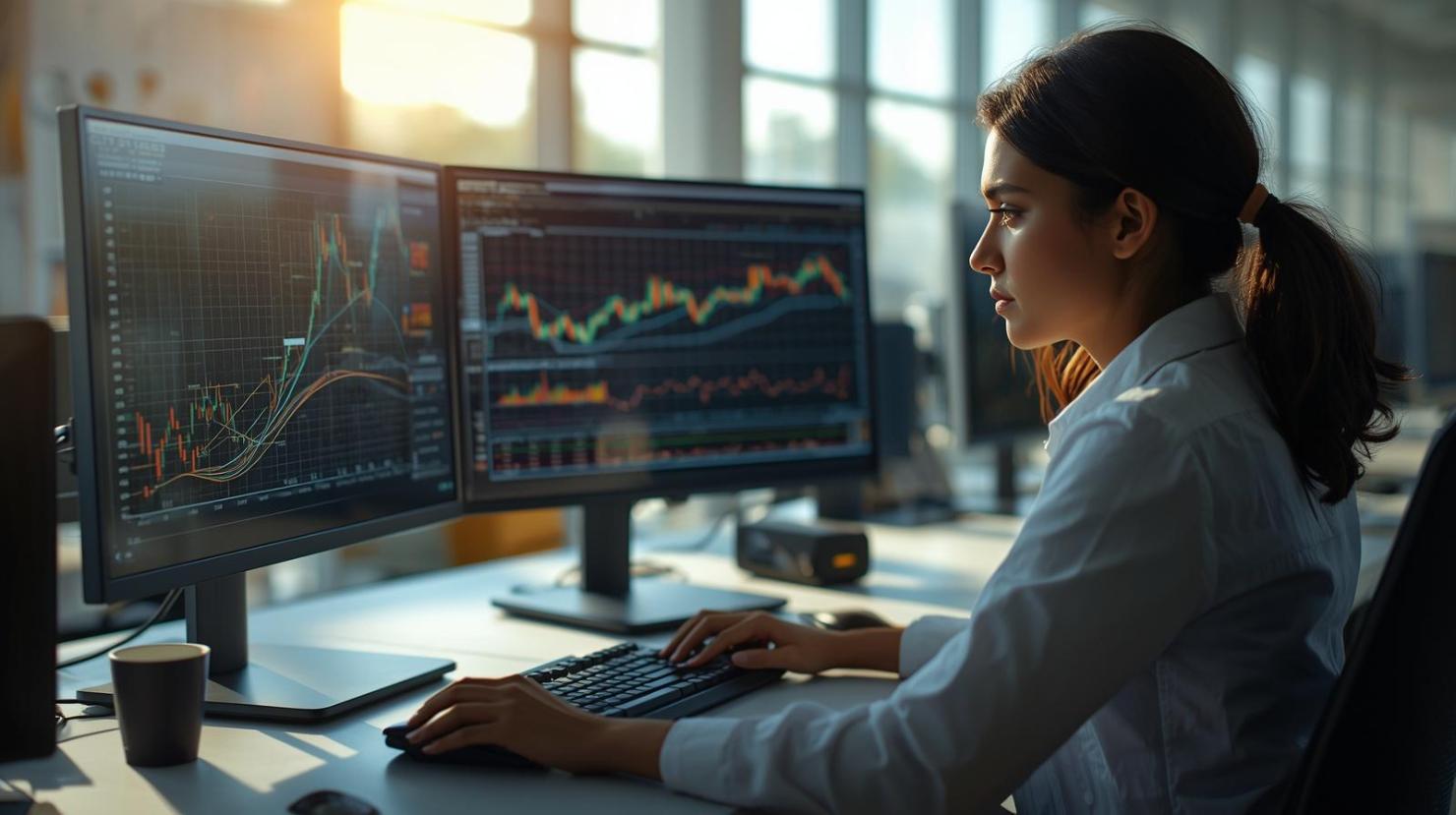 Focused analyst studying precious metals supply networks on bright computer screens carefully.