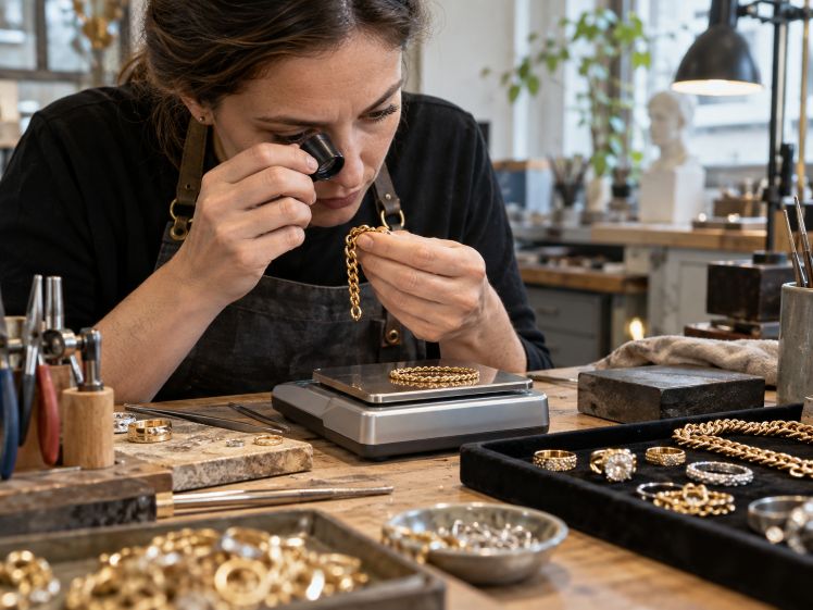 jeweler examining gold and silver jewelry